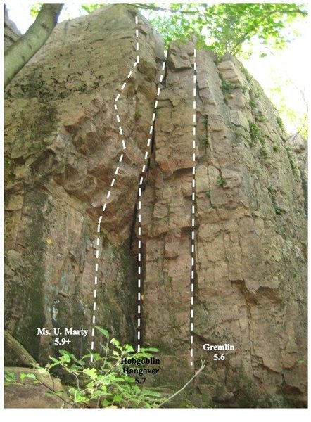 Photo showing three of the routes in the Hideout, (Ms. U. Marty, Hobgoblin Hideout, Gremlins)<br>
09.24.2011<br>
Sam Smolnisky Photo