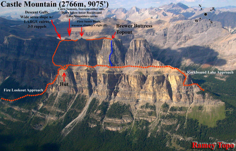 Overview of trails (orange), Brewer Buttress location (blue), and correct descent gully. The "fire lookout" approach is 2.5 hours to the hut. The Rockbound Lake approach is 4-5 hours to the hut and only a good option for Eisenhower Tower.