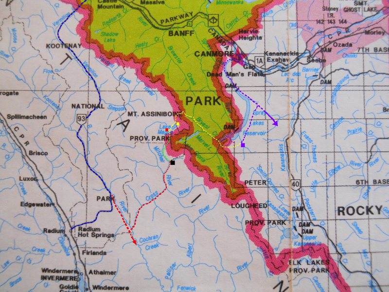 ASSINIBOINE APPROACHES<br>
10 km grid<br>
<br>
red box - Hind Hut<br>
yellow - Assiniboine Lodge<br>
violet - Shark Mtn TH/LZ<br>
black - Marvel Pass<br>
<br>
red dash - Settlers rd, BC<br>
violet dash - Spray lakes rd<br>
yellow dash - Bryant/N Ridge<br>
green dash - SW Face