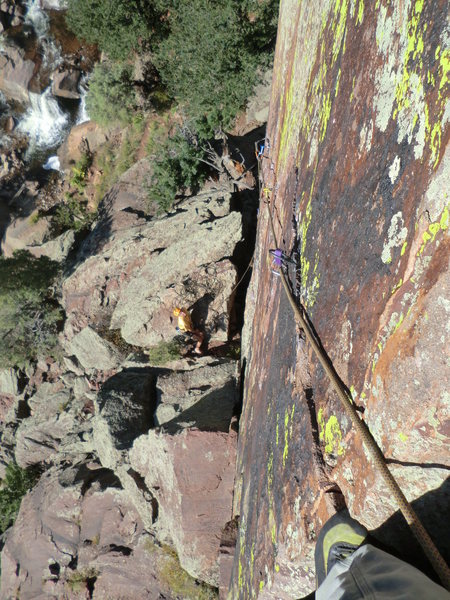 Looking down the route before topping out, Super Route! Brad White belaying.
