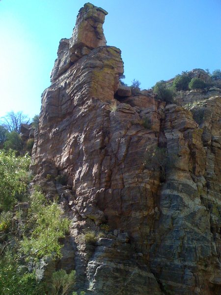 The down-stream (south?) face of the tower in question. Potental for trad and/or sport routes?