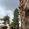 Joel past the crux on Reach for the Sky (5.10b), Holcomb Valley Pinnacles
