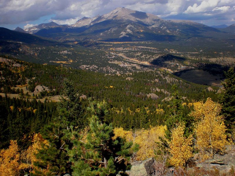 The view from Zappa's Tooth. Allenspark is near the center of the shot. Mt. Meeker and Wild Basin behind.