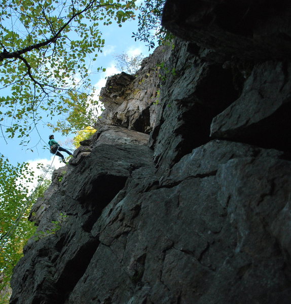 Tammy rapping off F.o.F. <br>
<br>
Climb starts at the obvious broken face in pic, climb to roof, traverses roof to the left, then follow obvious cracks to tree and ledge.