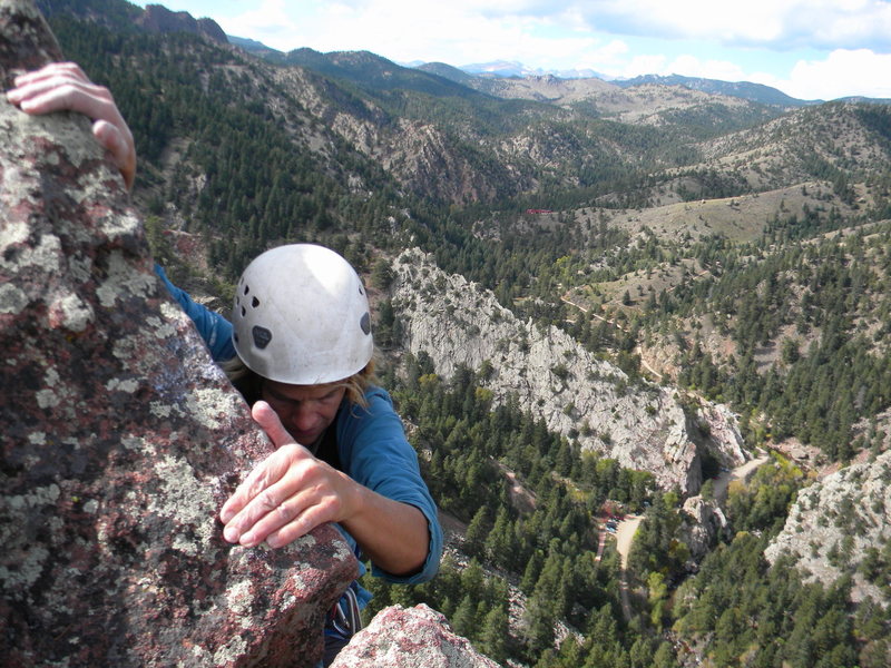 Laurie topping out on the route. Great position.