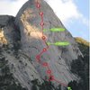 A rough route map of our North Face ascent. The circles with question marks represent the approximate location of double bolt anchors we found as we climbed directly up from Pitch#6. This route required simul-climbing or 70m ropes (we had 60m). 