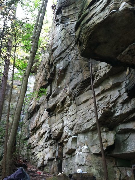 Lost Souls smack dab in middle of photo with obvious chalk. My buddy cleaning the route at top