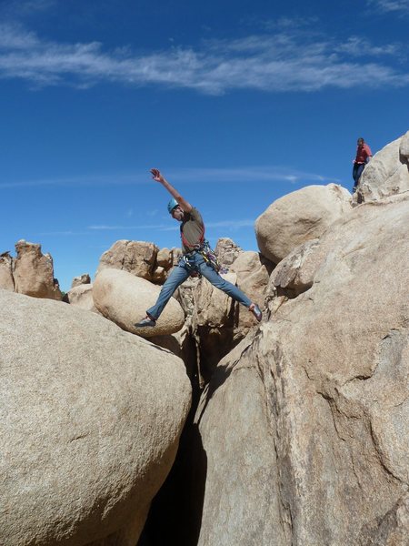 Part of the infamous "Down Climb" to get back to your stuff. Only about a 20 ft fall if you miss this jump.