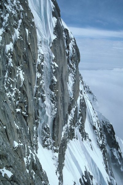 A remarkable view of the West Face Couloir while bailing down the West Face off the French Ridge.