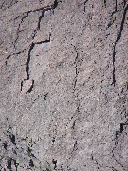 A view of the route from across the cirque....<br>
<br>
Kor's Door climbs the inset to the left.