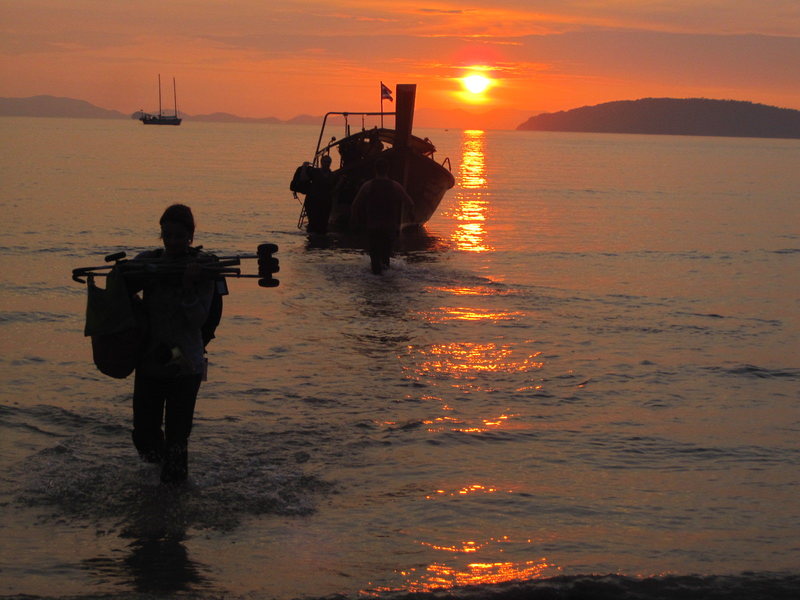This is how most climbers arrive in Krabi, walking in from the longtail boat (minus the stroller)