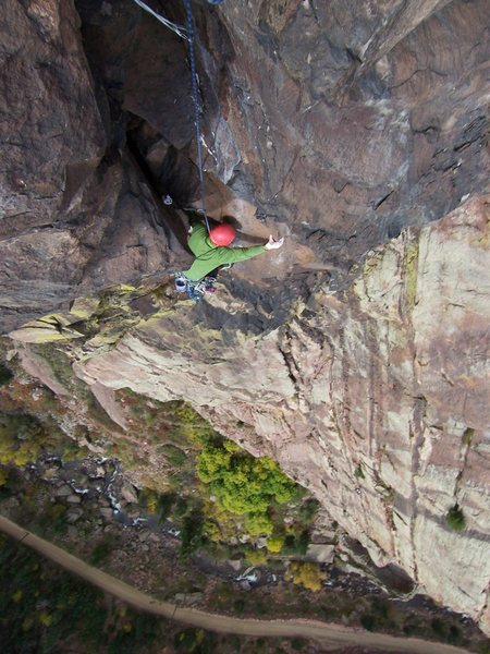 Aaron is following the stellar 5.10c pitch on the Diving Board. It is steep!!!
