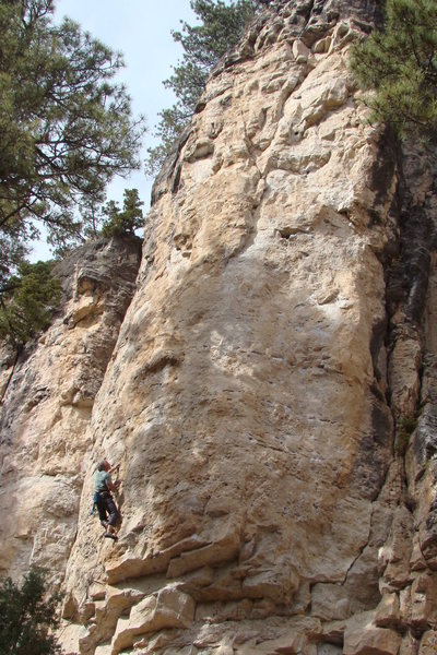 Right side of The Prow.<br>
Climber on Sammy Sosa, 5.11c<br>
Note the bail beaner on The Sundance, 5.10b.<br>
<br>
The Prow, Sunshine Wall.<br>
<br>
Spearfish Canyon, South Dakota.