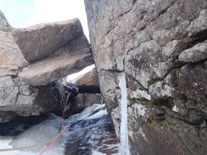 Myself leading the mixed crux of the route with no ice.
