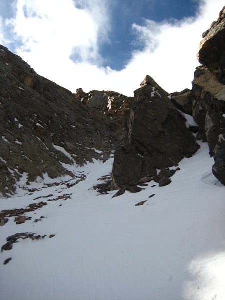 Second constriction high in the main couloir just below the left-angling branch.