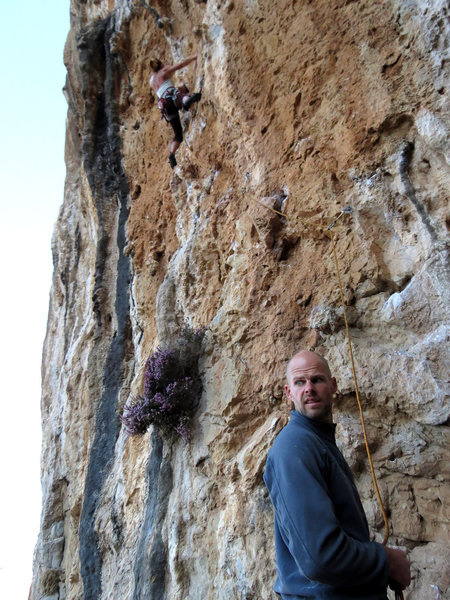 Another day with Fiona cruxing on the sharp endanother day with Sean oblivious on belay.