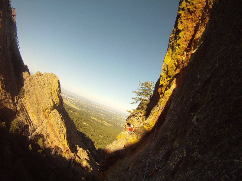 The Walton Traverse, P3 of the Maiden North Face 5.6R. Belay- K. Decker. Taken with the Go Pro HD Hero.