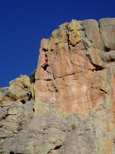 Above the technical crux (which is just below the hoizontal), at the end of the burly layback section.<br>
<br>
Photo by: Ivan Rezucha.