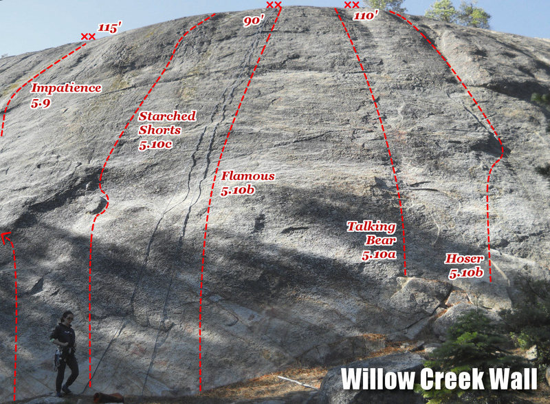 The center of Willow Creek Wall, where most of the routes are.<br>
<br>
Note that the top of this low-angle cliff is extremely foreshortened in this photo. There is also a weird fish-eye effect going on because I stitched two photos together to make the panorama.