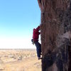 Dave dances up the arete.<br>
<br>
"Picasa 3'ed" by Dave Rogers.