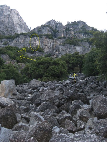 Looking up the talus slope on the approach.