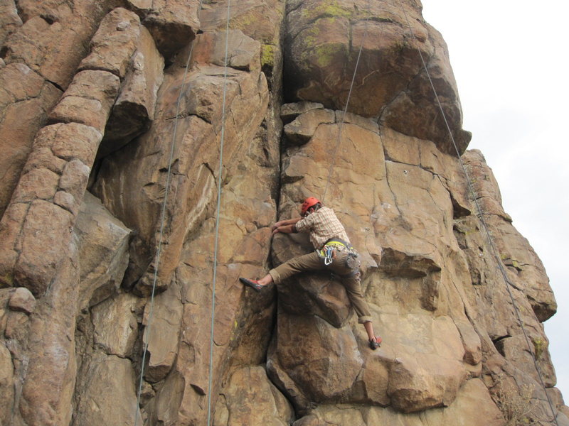 I guess this is off route but, anyway, This is the first crux where the feet are just smearing where you have to traverse right for a move before stemming back across the crack (as in photo) for a good rest higher up. I didn't move right initially and went too far up the crack and got ejected coming around to the right.