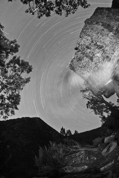 © Jason Kaplan Star trails.... Nick Broeder is the ghostly blurred climber. On the Intimidator. He finally sent it just prior to this shot (in the dark).