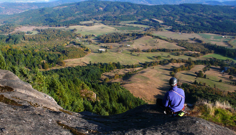 Hanging out at the top, overlooking the valley below and the Cascades in the distance