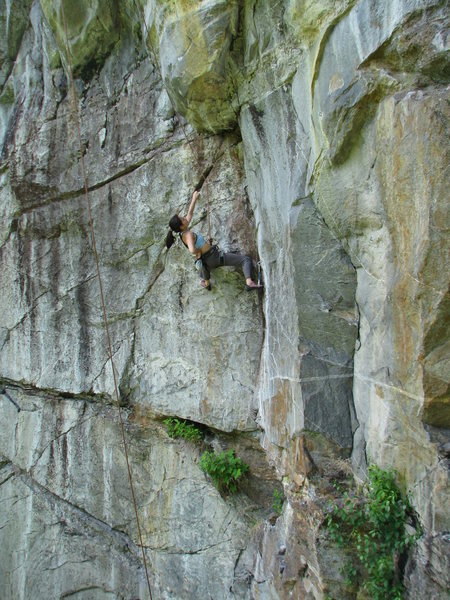 Olga Mirkina starting up a TR run of "Fat and Happy" a steep 12b/c sport route on the main wall of Durrell Mountain (aka Whiteface). Durrell Mountain is a somewhat unknown area in Gilmanton, NH, kind of like a small version of Rumney, being a bunch of one pitch crags on a hillside with similar rock. Todd Swain is working on a guide that includes the area which should be out soon.