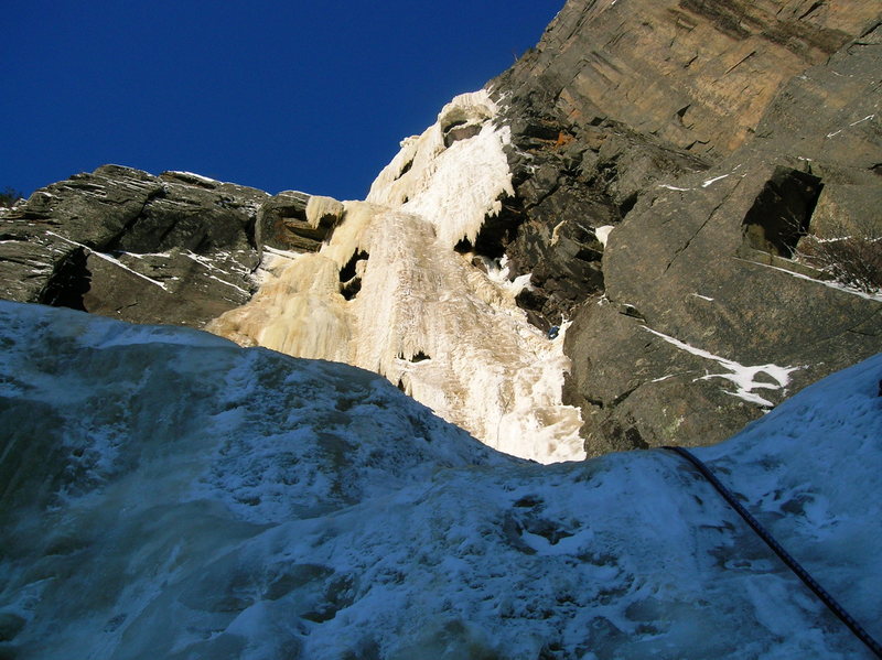 Where the harder climbing begins about 1/3 the way up the route.