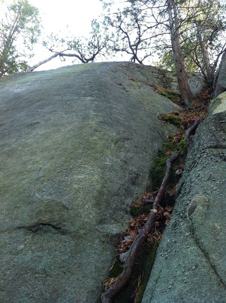 The route goes up the shallow buttress trending slightly left. Two of the eyebolts are just visible.
