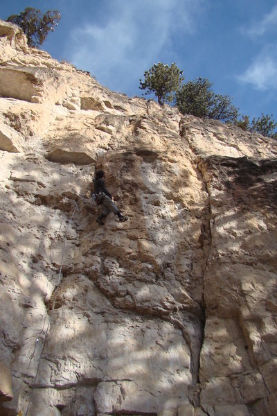 The crux of Pocket Pool, 5.10a<br>
The Coin Shop<br>
Sunshine Wall<br>
Spearfish Canyon, SD.