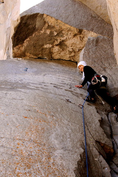 Huong smiling at the slabby roof section!
