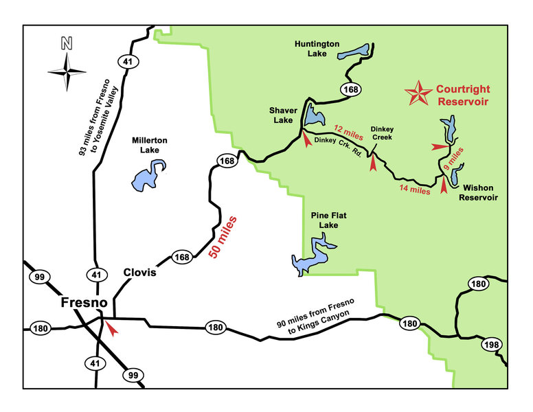 Regional Map showing how to get to Courtright from Fresno area.