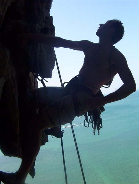 Starting up the last pitch. That's a lot of water down there.