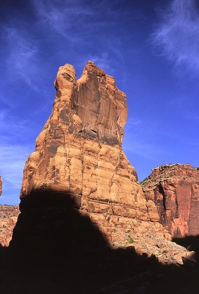 Cogswell Tower from the base. Raven is the rightmost crack system on the formation.