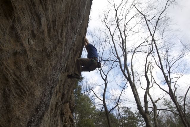 On one of the good holds between hard moves. Not your typical Red 5.12. A series of escalating crux moves between rest holds.