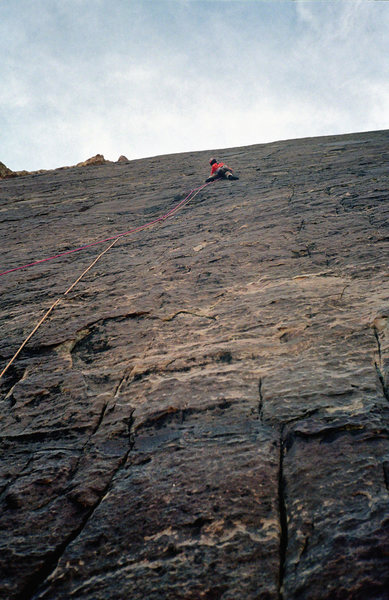 Navigating flakes and cracks of the 2nd pitch. Photo: Adam Therneau.