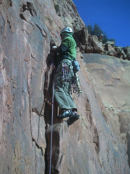 Just before the crux on pitch 3.