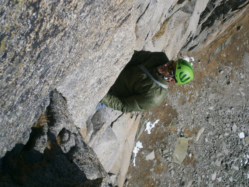 Near the end of the crux sixth pitch of Perrenoud (6a)