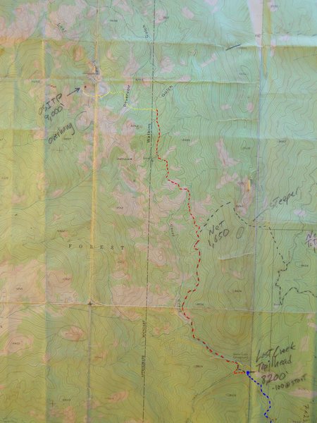 Strappo and Crusher's Crag approach map.<br>
<br>
McCurdy Mtn. topo, 1956.<br>
7.5 minute, contour interval 40',<br>
1 : 24,000.<br>
<br>
blue - road to trailhead<br>
red - Lost Creek Trail<br>
yellow - crosscountry<br>
<br>
Note: Goose Creek Campground is incorrectly marked by the trailhead.