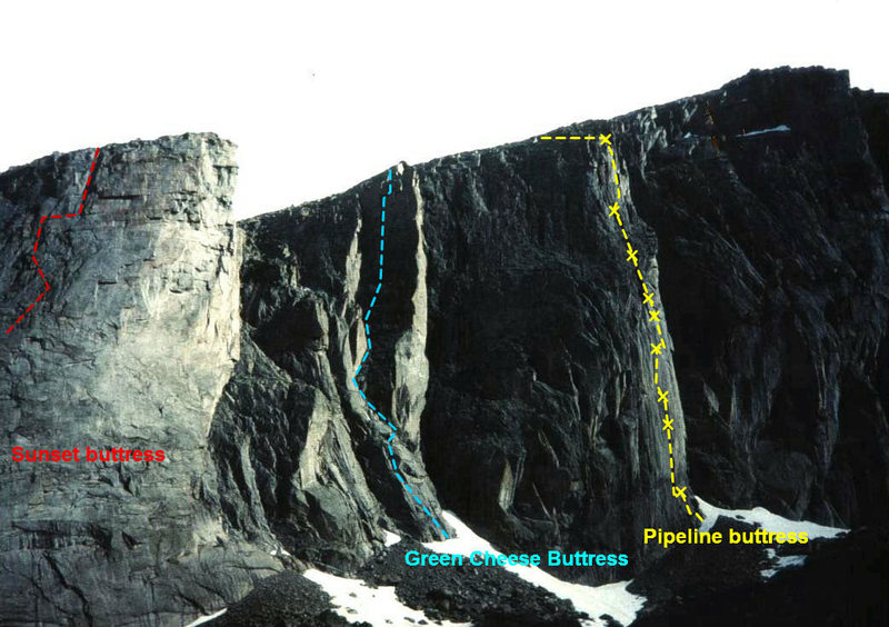 Tycho Wall (Cirque of the Moon) with Pipeline and Green Cheese buttress routes marked out. (Buffalo Crude on Sunset Buttress visible at top left).
