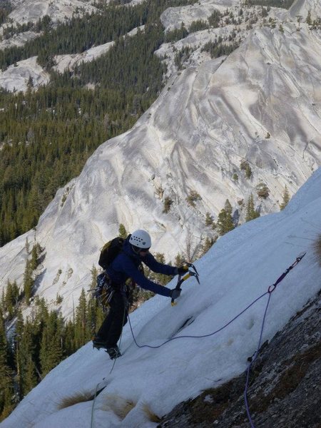 29-December-2011: Me traversing towards the rap station just right of the route's topout. Pic by Steve Larson
