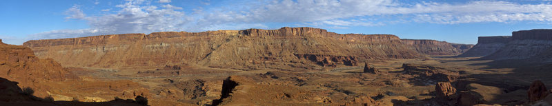 Kane Creek panorama, stitched together from five photos. December. Top of the La Sals just poking up in the back. Below them is Shelbyville. This is a nice place to climb in midwinter.