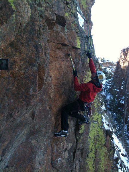 EDIT: a bolt was added to avoid leg breaker fall.
<br>
<br>
There is a mixed variation at top of second pitch. Follow pins up and left, M6?
<br>
Gear - small C3s and 3 draws. Sling the small tree before the exit.