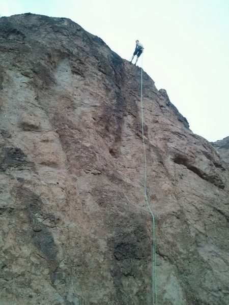Me on top of Number 2 at Boulder Beach Area at lake mead. I was just starting to clip in to rap down and a freak storm hit and it rained a crazy amount in a few minutes. My fastest 65-70 ft rap ever!
