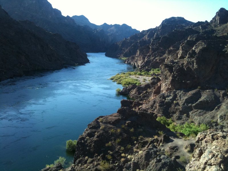 Looking up the Colorado river below the damn. Theres lots of fun scramble climbing around, and some fun cliff jumps into the usually cold river.