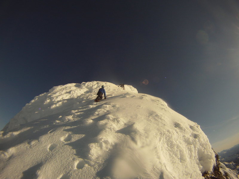 Climbers on Shuksan summit pyramid (northeast rib), photo by S. Reed