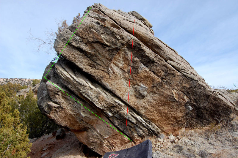 South face of Lost Boulder. Green = Dorsal Love/ Red= Wandering Star