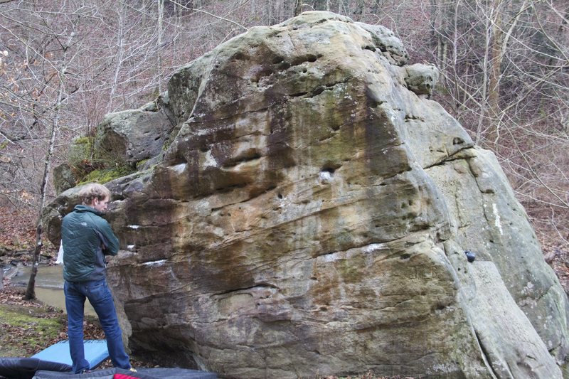 Brandon eyes up the start of "Not a Finga!". The problem follows the chalked holds and then follows the scooping arch.